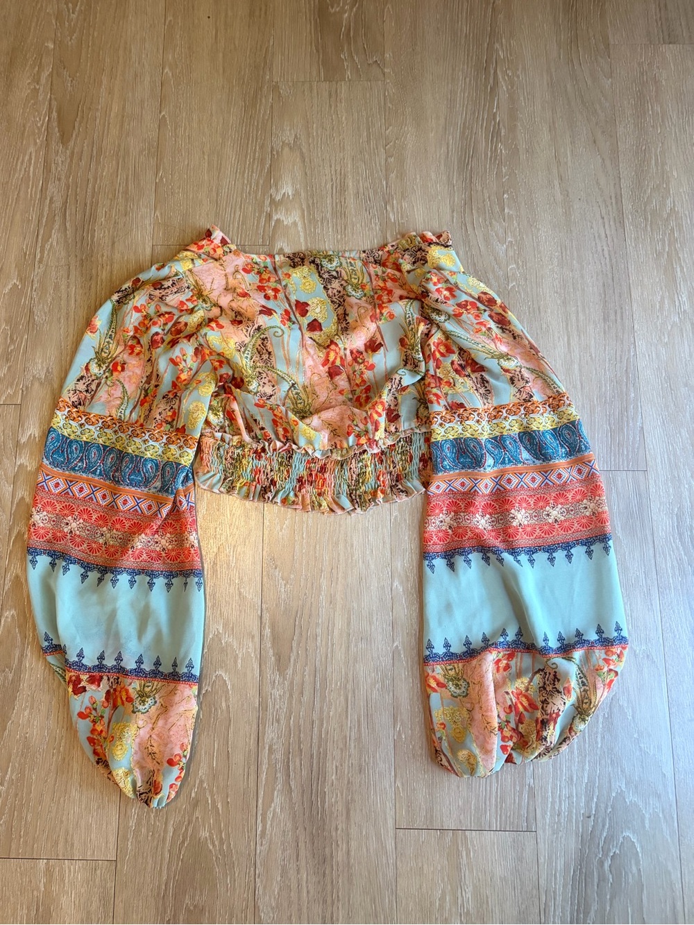 Sage & Coral Floral Smocked Cropped Peasant Top - Picture 9 of 13